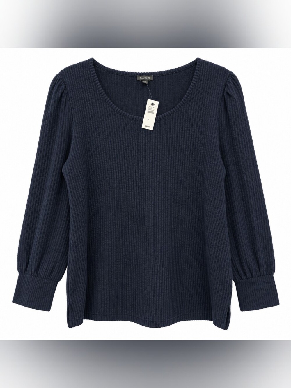 Talbots Navy Ribbed Puff Sleeve Top L NWT